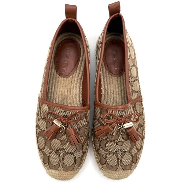COACH Signature Espadrilles Sz 6B Tan Logo Canvas Bow Tassel Slip On Flats - Picture 2 of 8